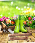 Ergonomic Short Axe Handle Made From Solid Wood Replacement For Hatchet And Hammer, Curved Design in garden setting with flowers.