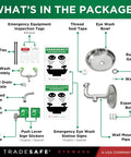 Package contents of Wall Mounted Eye Wash Station OSHA Approved Stainless Steel Eyewash Unit with signs and components.