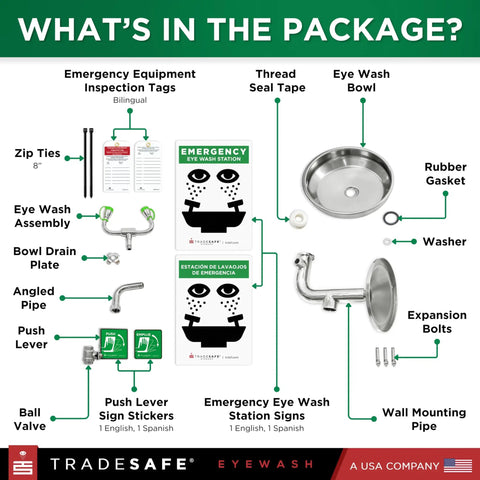 Package contents of Wall Mounted Eye Wash Station OSHA Approved Stainless Steel Eyewash Unit with signs and components.