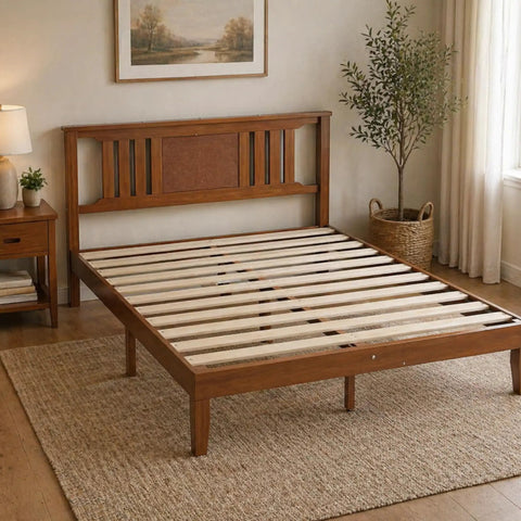 Rock Solid Queen Platform Bed Frame With Attached Brown Wood Headboard And Heavy Duty Pine Slats in a cozy bedroom setting.