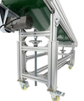 Badass Inclined Conveyor System With Non Slip PVC Belt Tilt Action For Warehouse Moves Adjustable Aluminum Frame base with motor and wheels.