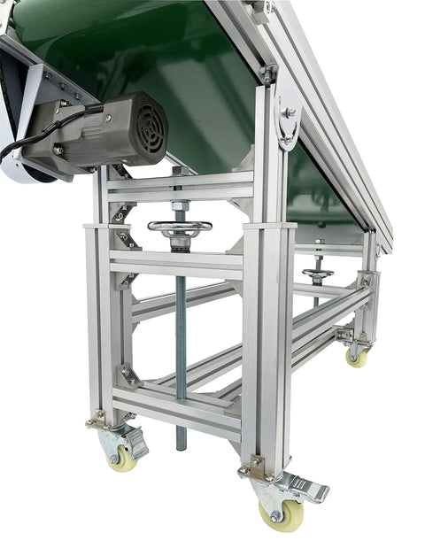Badass Inclined Conveyor System With Non Slip PVC Belt Tilt Action For Warehouse Moves Adjustable Aluminum Frame base with motor and wheels.