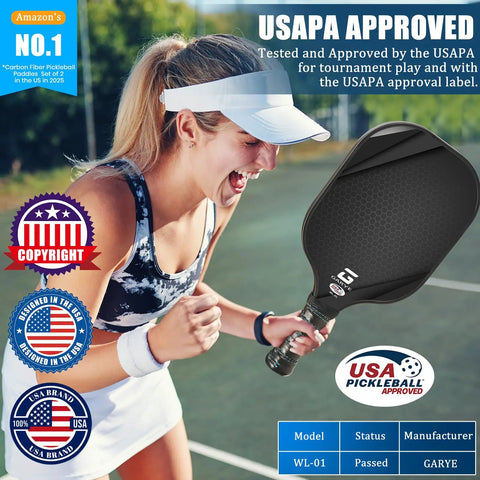 USAPA Approved Carbon Fiber Pickleball Paddles Set For Men And Women, player celebrating with paddle on court