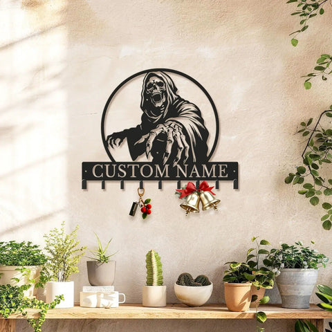 Personalized Badass Grim Reaper Key Holder with Custom Name Laser Cut Metal Skull Wall Mounted Key Rack on wall
