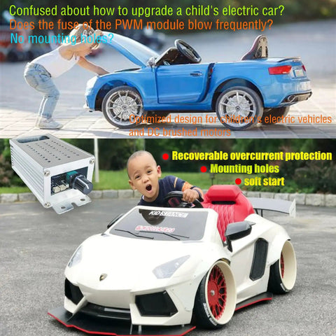 Children playing with ride-on toys, featuring a DC Motor Speed Controller With Soft Start And Soft Stop, PWM Variable Speed Controller for 9 to 70V Motors, 35A, Overcurrent Protection, Pedal Ready.