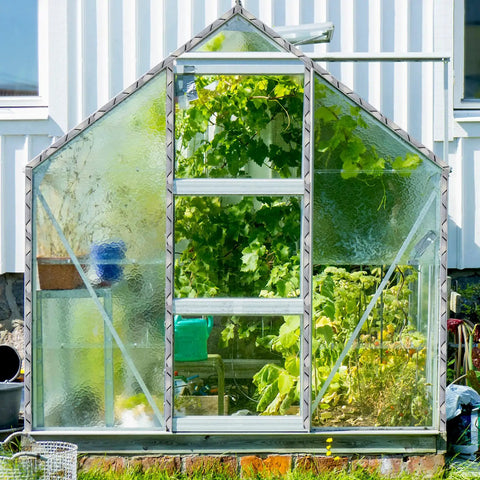 Glass greenhouse in garden setting with visible aluminum frame and greenery inside, showcasing greenhouse application.