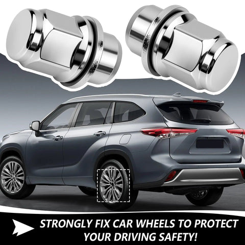4 Piece M12x1.5 Lug Nuts Set Chrome Plated Steel Wheel Locks With Washer Replacement For OEM 90084 94001 90942 01033 MB579290 Toyota Camry Prius Lexus ES250 Scion Easy Install shown with SUV wheel