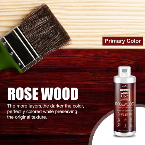 Brush applying Rosewood Water Based Wood Stain For Indoor And Outdoor Furniture Non Toxic Fast Drying Cabinet Varnish Eco Friendly Low Odor Wood Finish 8.5 Fl Oz.
