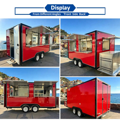 13 Foot Red Fiberglass Food Truck Fully Loaded Mobile Kitchen With Commercial Grade Prep Tables Built In Cooking Gear Street Ready Catering Rig For Busy Weekend Markets And Turnkey Business Ventures, showcasing front, side, and back angles.