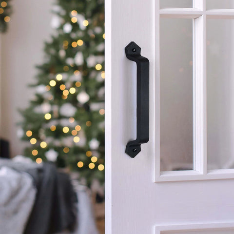 Barn Door Handle Set Eleven And One Eighth Inch Built Tough Rustic Cast Iron Gate Pulls In Black on white door