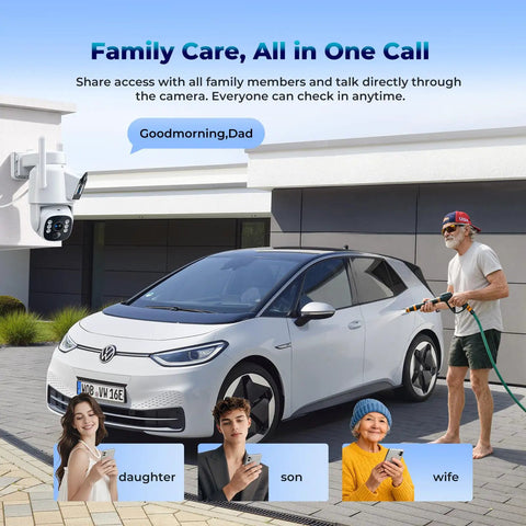 Solar Wireless Outdoor Security Camera System overlooking driveway with car, showing family communication via camera, no monthly fee.