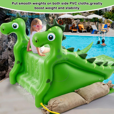 98 Inch Giant Inflatable Pool Slide For Kids And Adults, Durable Backyard Water Park Play Center, Dinosaur Theme, installed by pool