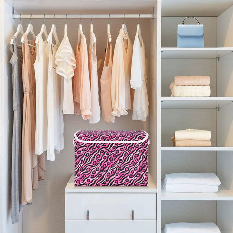 Top Drawer Foldable Storage Bin With Flip Top Lid And Comfort Grip Handles For Bedroom Home Organization Collapsible Closet Containers With Tough Oxford Fabric And Zero Fuss Velcro Seal on shelf with dresses.