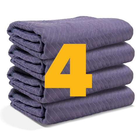 Stack of four Moving Blankets Mega Mover 80 Inch By 72 Inch Pro Quilted Large Furniture Pads in heavy duty polyester blue