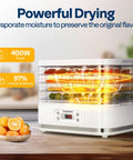 Electric Food Dehydrator With Five Spacious Trays And 400 Watts Of Steady Heat To Keep Snacks Crunchy And Fresh Without Any Fuss showcasing drying fruits.