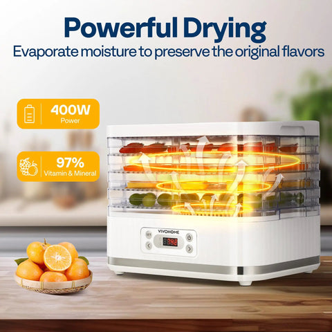 Electric Food Dehydrator With Five Spacious Trays And 400 Watts Of Steady Heat To Keep Snacks Crunchy And Fresh Without Any Fuss showcasing drying fruits.