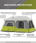 Instant Cabin Tent for 9 People, Large Multi Room Family Pop Up Shelter With 2 Minute Setup, 14 By 9 Foot, features weather-resistant fabric
