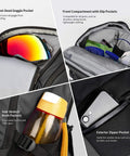 22L Ski And Snowboard Backpack waterproof travel pack with velvet-lined goggle pocket, front slip pocket, and side mesh pocket for gear