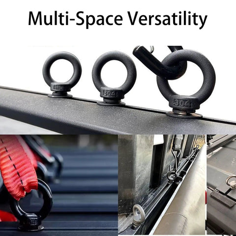 Set Of Four M5 x 12Mm Lifting Eye Bolts Built Tough From 304 Stainless Steel For Top Shelf Pulling Strength And No Sweat Rigging Or Heavy Duty Hoisting On Any Job Site displayed on equipment.