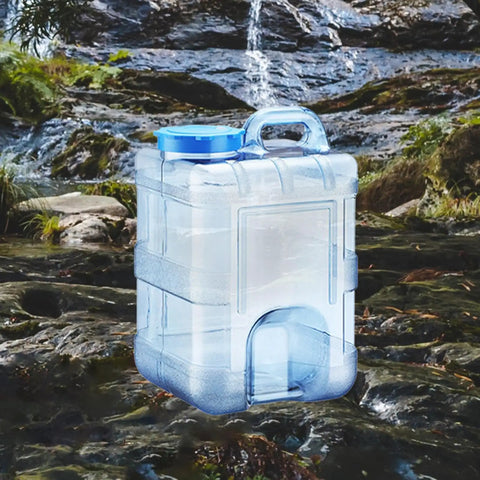 15 Liter Camping Water Container With Lid For Outdoor Use, Food Grade PC Water Jug next to a stream in nature