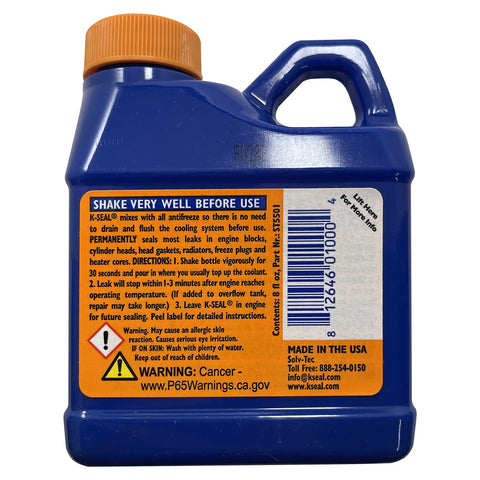 K Seal All Purpose One Step Permanent Coolant Leak Repair 8 Oz Bottle Shake Pour And Go Fixes Radiator Leaks Head Gasket Freeze Plugs Heater Core Water Pump Casing No Draining Required, rear view with label and instructions