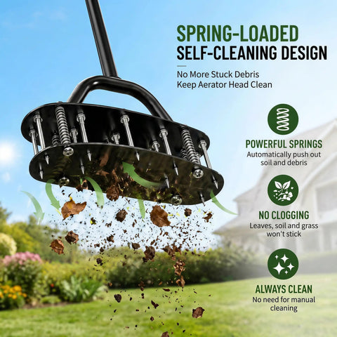 Manual Lawn Aerator With 17 Spikes, Heavy Duty Soil Loosener, Double Layer Spring, T Handle, self-cleaning dirt release, garden use