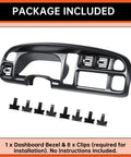 Front view of ECOTRIC black plastic dash bezel for 1998–2002 Dodge Ram with vent openings and 8 clips.