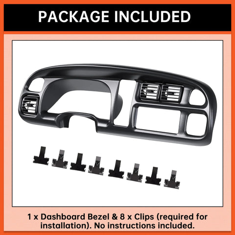 Front view of ECOTRIC black plastic dash bezel for 1998–2002 Dodge Ram with vent openings and 8 clips.