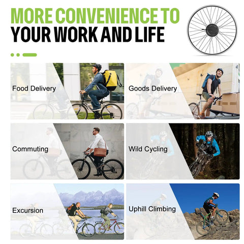 High Torque 48V 500W Front Hub Motor Ebike Conversion Kit With Battery shown in various cycling scenarios