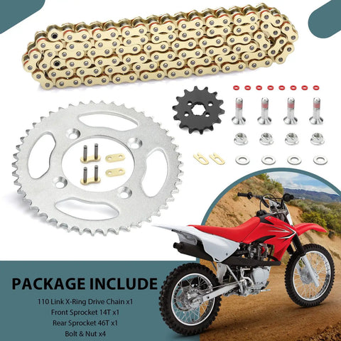 Honda Drive Chain X Ring And Sprockets Bolt Kit For XR80R 1985 2003 And CRF80F 2004 2013, 110 Link Chain, 46T Rear, 14T Front Sprockets.
