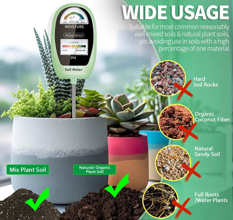 All In One 2 In 1 Soil Moisture And pH Meter With Dual Dial Display in use with various soil types in garden setting