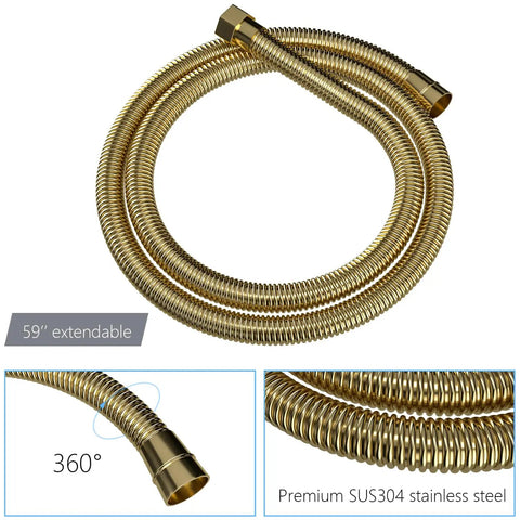 Wall Mounted Square Shower System with Rough-in Valve, 59" extendable gold shower hose, made of SUS304 stainless steel.