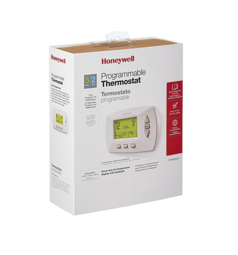 Box of Easy To Use Programmable Thermostat With Four Daily Programs And Menu Driven Setup on white background