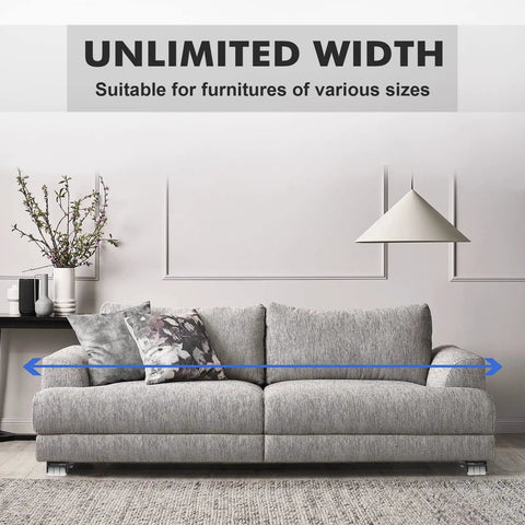 Extendable Furniture Dolly With Telescoping Base under grey sofa, demonstrating width adjustment for various furniture sizes.