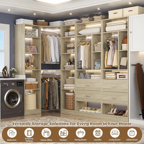 Rock Solid Corner Closet System With 3 Sets and 87 Inch Frame Offers Gobs of Storage via 4 Large Wooden Drawers and shelves.