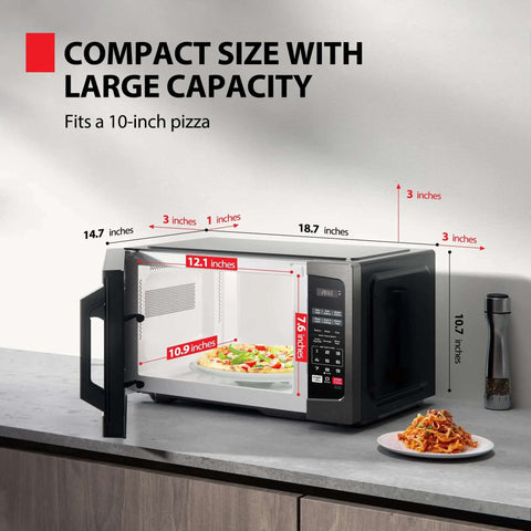 Compact Space Saver 0.9 Cu Ft Microwave Oven With 900W Power, 6 Auto Menus, fits 10-inch pizza, black stainless steel on countertop