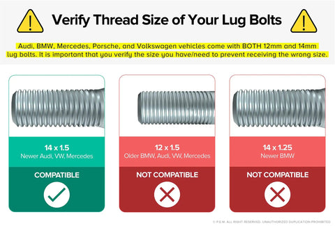 Image showing thread sizes of lug bolts, highlighting compatibility for Audi, BMW, Mercedes, and Volkswagen vehicles.