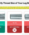 Wheel Hanger Alignment Pin Guide Tool for Easy Lug Hole Alignment And Hub Support M14x1.5 Threads compatibility chart.
