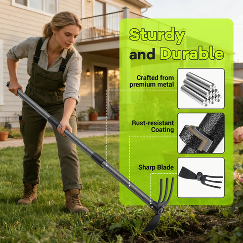 Person using 2-In-1 Garden Hoe With Adjustable 30-75 Inch Long Handle For Weeding And Tilling in yard with durability features highlighted