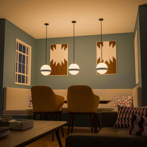 Pan 1 Light Pendant in black with round milk glass shade and black stripes for modern home lighting in dining area