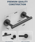 Matte Black Stainless Steel Toilet Paper Holder With Double Post Pivoting Roll, dimensions shown, wall mounted