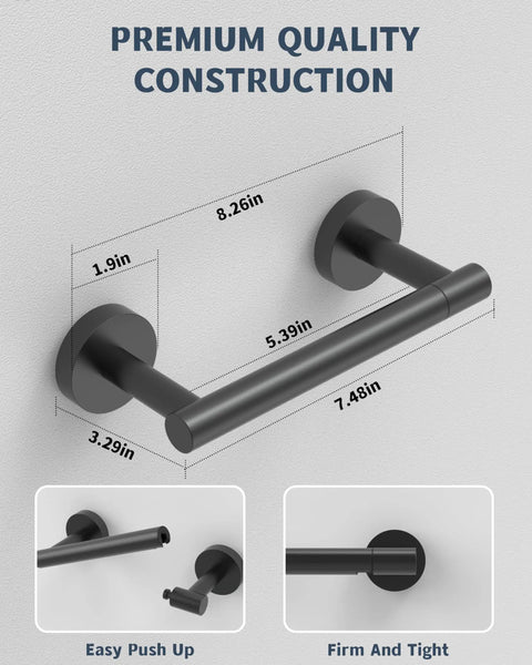 Matte Black Stainless Steel Toilet Paper Holder With Double Post Pivoting Roll, dimensions shown, wall mounted