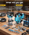 Cordless Jigsaw And Wood Router Kit For Precise Cuts And Edge Shaping With A Brushless Router, Dual 4.0Ah Batteries, Quick Setup, Smooth Finish, All In One Woodworking Power Pack on workbench
