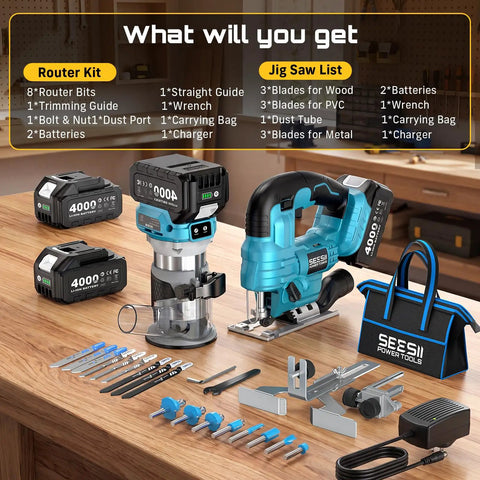 Cordless Jigsaw And Wood Router Kit For Precise Cuts And Edge Shaping With A Brushless Router, Dual 4.0Ah Batteries, Quick Setup, Smooth Finish, All In One Woodworking Power Pack on workbench