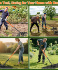 People using Heavy Duty Stainless Steel Lawn Leveling Rake With 78 Inch Adjustable Handle For Garden Yard Golf Course Farm And Pasture Maintenance 30 By 10 Inch Leveler Tool For Smooth Lawn Grading on different terrains.