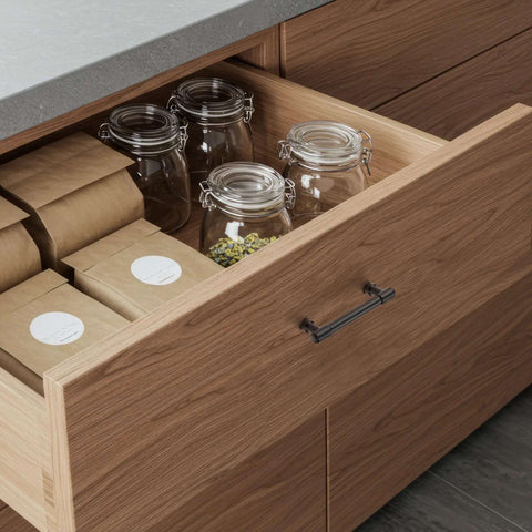Heavy Duty Matte Black Kitchen Cabinet Pulls And Drawer Handles With 3.5 Inch Center To Center Spacing Top Shelf Zinc Alloy Hardware Slick Modern Finish 10 Pack on kitchen drawer with jars and packages.