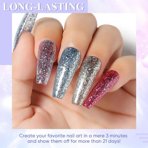 Close-up of hand showing Gel Nail Polish Kit Set 6x8ml Soak Off UV LED Hema Free Glitter Colors Red Green