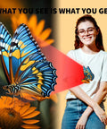 Woman wearing a T-shirt with colorful butterfly printed using DTF Transfer Film A4 100 Sheets Double Sided Matte Premium DTF Paper
