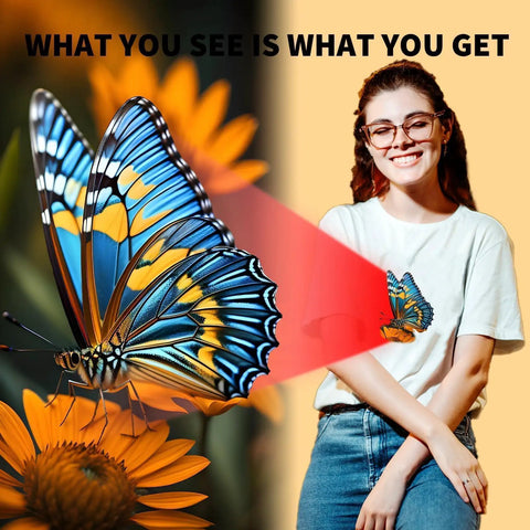 Woman wearing a T-shirt with colorful butterfly printed using DTF Transfer Film A4 100 Sheets Double Sided Matte Premium DTF Paper