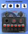 Beefed Up 6 Gang Boat Rocker Switch Panel with LED switches and digital voltage display in a marine or vehicle dashboard setup.